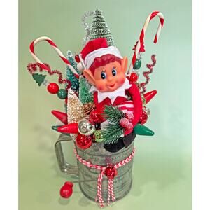 Vintage Knee Hugger Pixie Elf Christmas Assemblage in Flour Sifter Holiday Decor